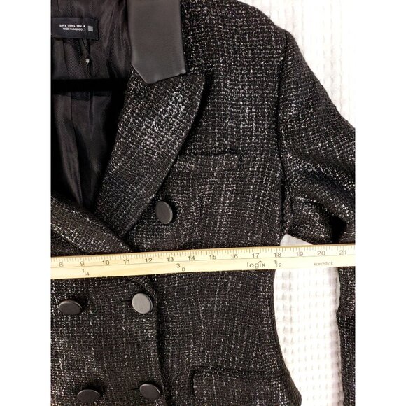 Zara Women’s Black Metallic Tweed Blazer With Satin Collar Double-Breasted Sz L - Picture 4 of 9